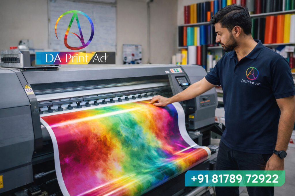 Professional vinyl printing machine work near me in Sector 10 Noida – high quality banner and sticker printing by DA Print Ad