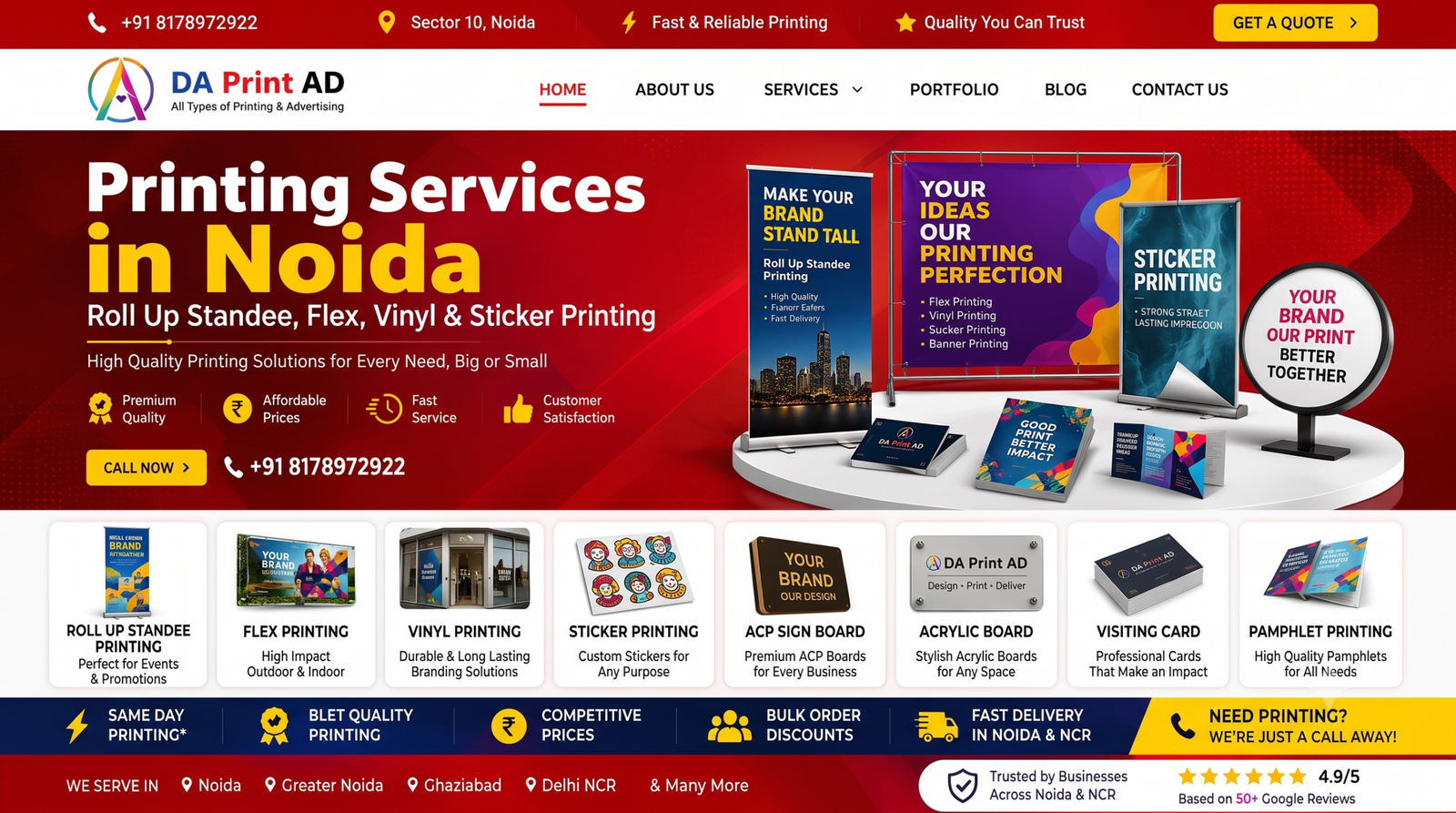 Printing Services in Noida by DA Print AD including Roll Up Standee, Flex, Vinyl, Sticker, Banner, ACP Sign Board and Acrylic Board Printing.